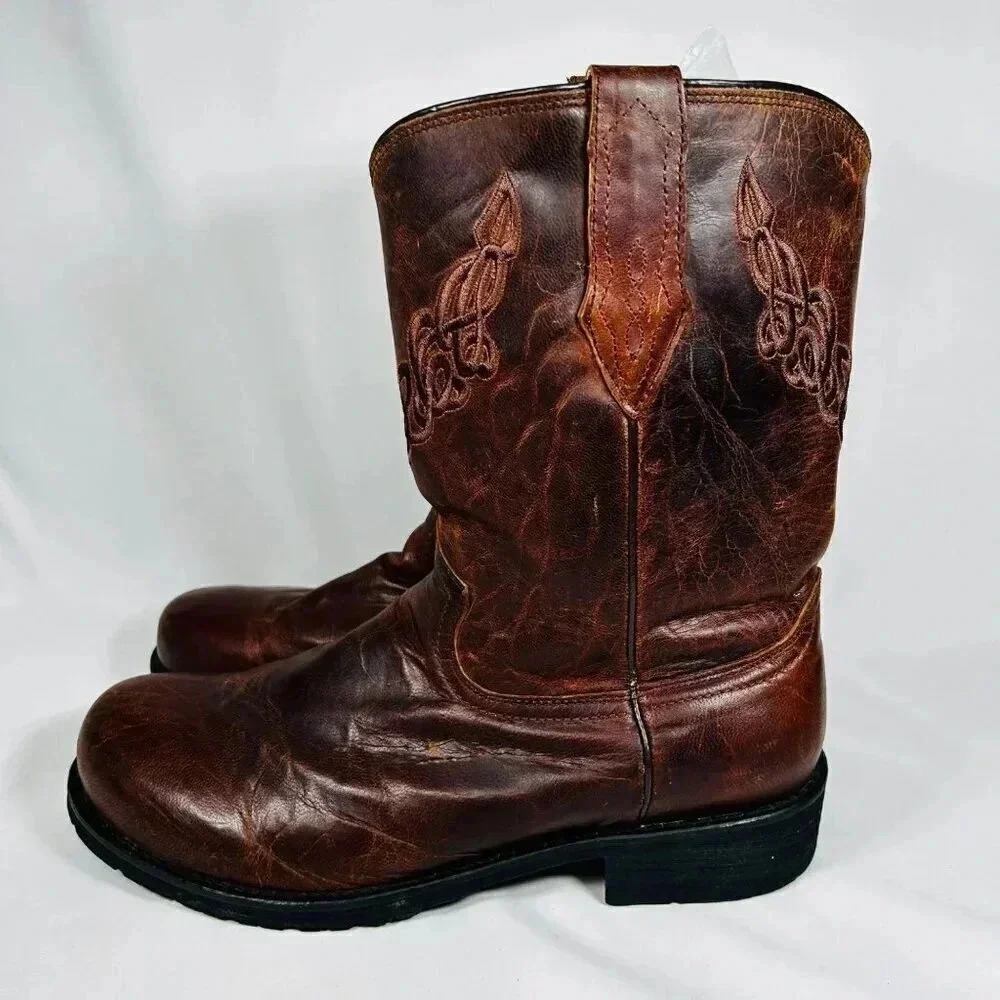 Justin Boots Size 12C Men’s Cowboy Boots Leather Western Brown Embroidered Round